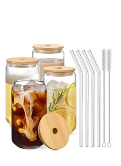 اشتري 4pcs Set 16oz Drinking Glasses with Bamboo Lids and Glass Straw Can Shaped Coffee Glasses With 2 Cleaning Brushes في السعودية