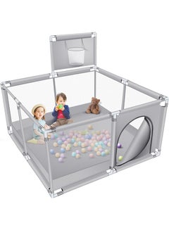 اشتري Foldable Baby Playpen With Safety Fence And Basketball Hoop For Indoor Outdoor - Grey, 50 inches في الامارات