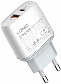 اشتري LDNIO A2424C Fast Charger 20W With 2 Ports PD+QC3.0 , Switch button , Smart chip , With Lightning Cable - White في مصر