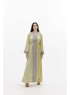 Buy LONG CLASSY SIMPLE LIGHT YELLOW COLOUR FRONT LACE BUTTON LINING ARABIC KAFTAN JALABIYA DRESS in Saudi Arabia