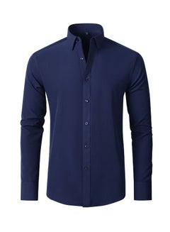 Buy Stretch Non-Iron Anti-Wrinkle Shirt, Men Long Sleeve Button Wrinkle Free Slim Fit Business Shirt Navy Blue in Saudi Arabia
