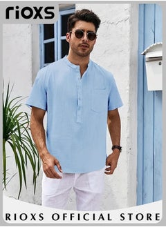 Buy Men's Summer Loose Shirts Cotton Linen Button-Up Tops Short Sleeve V-Neck Henley Shirts Casual Comfort Beach Shirts in Saudi Arabia