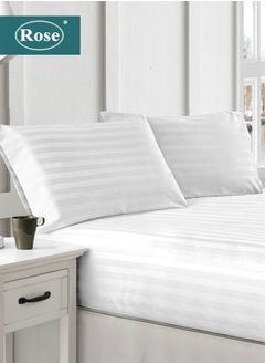 Buy Rose Luxurious Hotel Stripe Fitted Sheet with Deep Pockets and Pillow Cases, Bed Sheet 3-Pieces Set, Soft & Silky Microfiber Fabric, Breathable and Cooling (King Size 200X200+35 cm - White) in Saudi Arabia