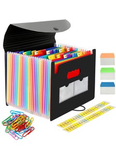 Buy Expanding File Folder, 24 Pocket Accordion File Organizer A4 Letter Size Portable Document Organizer with Colored Tabs and Paper Clips , Accordian File folders Expandable Bill Coupon Folder - Black in UAE
