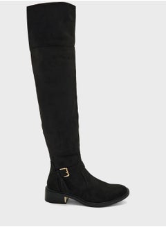 Buy Black Faux Suede Buckle Down Collar Long Boots in Saudi Arabia