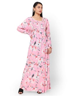 Buy FLORAL PRINTED FRONT LACE PINK COLOUR RAYON CRUSH FABRIC LONG ARABIC KAFTAN JALABIYA DRESS in Saudi Arabia