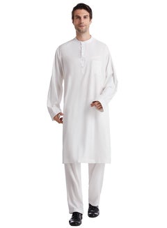 Buy Men's Solid Color Round Neck Long Sleeve Abaya Robe Set Islamic Arabic Casual Kaftan Set White in UAE