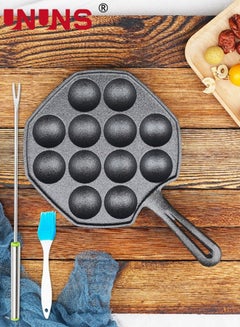اشتري Takoyaki Baking Mould Pan,12-pits Cast Iron NonStick Takoyaki Pan With 2 PCS Takoyaki Sticks,1 Glove And 1 Brush,Cookware For Pancake Puffs,Black في الامارات