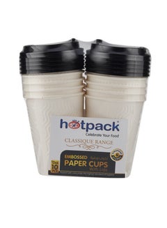 Buy 10 Pieces Hotpack White Embossed Paper Cups 12 Ounce With Lid in UAE