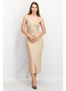 Buy Women Sleeveless Plain Midi Dress, Beige in UAE