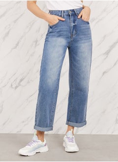 Buy Whisker High Rise Roll Up Hem Straight Fit Crop Jeans in Saudi Arabia