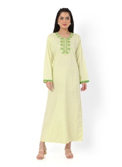 Buy FLORAL FRONT NECK EMBROIDERED WITH PRINTED GREEN COLOUR ARABIC KAFTAN JALABIYA DRESS in UAE