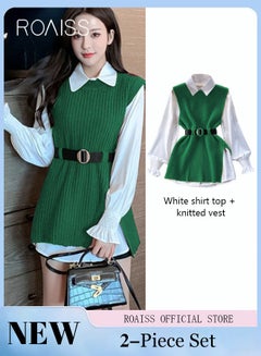 Buy 2 Piece Waist Design Knitted Vest and Long Sleeved White Shirt Top with Belt Lapel Shirt Design Comfortable and Skin Friendly Fabric Solid Color Women Casual Top Suit for Daily Commuting Wear in UAE