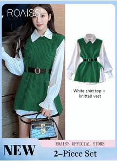 Buy 2 Piece Waist Design Knitted Vest and Long Sleeved White Shirt Top with Belt Lapel Shirt Design Comfortable and Skin Friendly Fabric Solid Color Women Casual Top Suit for Daily Commuting Wear in UAE