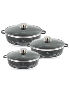 Buy 6-Piece (3 Pots & 3 Lids) Granite Stone Low Stock Pot with Glass Lid Soup Pot Low Casserole Cooking Pot Saute Frying Pan Cookware - 24/28/32cm Every day Kitchen Cooking Black in UAE