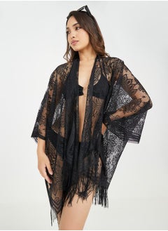 Buy All Over Lace Border Trim Fringe Hem Kimono in Saudi Arabia