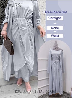 Buy 3 Pcs of Women's Clothes Set Solid Color Abaya for Women Ramadan Eid al-Adha Gift for Laides Wife Mother Cardigan Robe and Satin Dress and Waist Scarf in Saudi Arabia