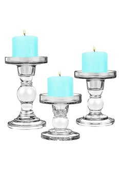 اشتري Glass Candle Holder Set of 3, Clear Crystal Candlestick Holders for Pillar Taper Candle and Tealight, for Home Dinner Table Home Decor في الامارات