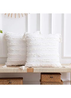 Buy Throw Pillow Cases Covers White Decorative Boho Striped Cotton Linen Square Decorative 2 Pcs With Tassels For Farmhouse Couch Sofa Chair Bed Bedroom 45 X 45 Cm… in Saudi Arabia