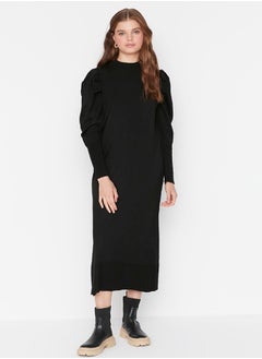 اشتري Black Crew Neck Shoulder Gathered Knitwear Dress TCTAW23EB00047 في مصر