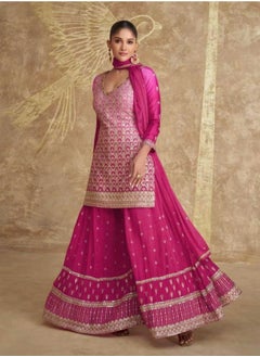 Buy Ready to wear Chinon Silk Festival Party Wear Sharara Set Having Embroidered Pink Kurta Plus Dupatta And Plazo in UAE