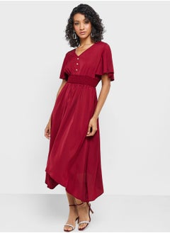 Buy V Neck Pleat Detail Dress in Saudi Arabia