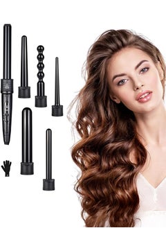 Buy 6 IN 1 Hair Curler Set,Hair Curling Iron,Curing Wand Set,Instant Heat Up Hair Curler, Long Barrel Curling Iron Wand, Interchangeable Hair Wand Curler for Long/Medium Hair,Black in UAE