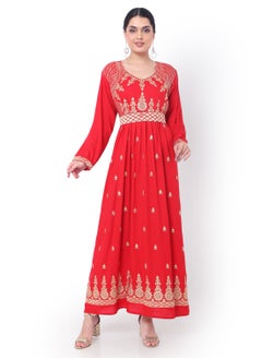 اشتري MODEST THICK EMBRODERED WITH LONG SLEEVES AND BELT RED HIGH QUALITY STYLISH ARABIC KAFTAN JALABIYA DRESS في السعودية