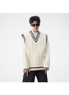 اشتري Preppy style V-neck knitted vest mens autumn and winter American retro loose sleeveless sweater vest pullover waistcoatWhite White في الامارات