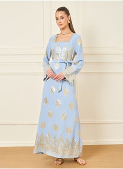 Buy Gold Print Jalabiya with Tie Up Belt in Saudi Arabia