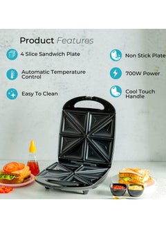 Buy 1400W 4 Slice Sandwich Maker - Cooks Delicious Crispy Sandwiches - Cool Touch Handle, Automatic Temperature Control and Non-Stick Plate - Breakfast Sandwiches & Cheese Snack in UAE