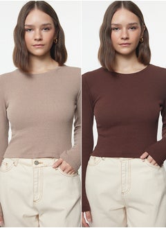 اشتري Brown-Beige 2 Pack Fitted Crew Neck Ribbed Crop Stretchy Knitted Blouse TWOAW22BZ0331 في مصر