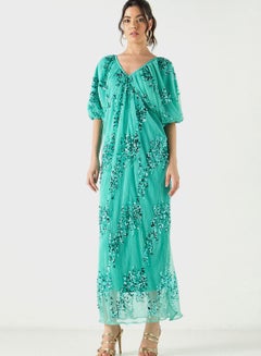 Buy V-Neck Embellished Puff Sleeve Dress in UAE