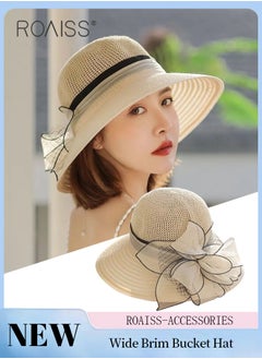 Buy Women's Wide Brim Bucket Hat, Lightweight Breathable UV Protection Sun Hat with Flower Decoration, Suitable for Summer Beach Outdoor in Saudi Arabia