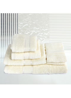 اشتري 6 Pcs ALEZAYA Dyed Towel set 500 GSM 100% Cotton Terry Viscose Border 1 Bath Towel 70x140 cm 1 Hand Towel 50x90 cm 1 Guest Towel 40x60 cm & 1 Baby Towel 30x50 cm & 2 Face Towel 33x33 cm Cream Color في الامارات