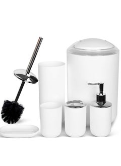 Buy Bathroom Accessories Set, 6 Piece Plastic Bath Set Bath Ensemble Includes Trash Can, Toilet Brush, Soap Dispenser, Soap Dish, Lotion Set Tumbler(WHITE) in Saudi Arabia