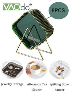 اشتري 8PCS Transparent Plate Gold Border Tableware Set Snack Dishes with Shelves Green في الامارات