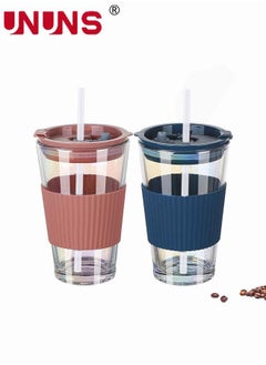 اشتري 2-Piece Glass Coffee Cup With Straw,Electroplate Portable Water Bottle With Cover,Travel Mug,Leak Proof Glass Tumbler To Go With Silicone Sleeve في السعودية