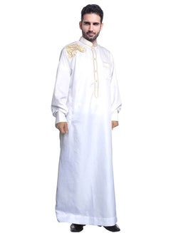 Buy Mens Clothing Casual Full Length Embroidery Abaya Robe Islamic Arabic Long Sleeve Kaftan White in UAE