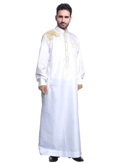 Buy Mens Clothing Casual Full Length Embroidery Abaya Robe Islamic Arabic Long Sleeve Kaftan White in UAE