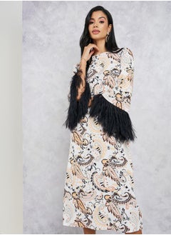 Buy Printed Faux Fur Sleeves Shift Midi Dress in Saudi Arabia