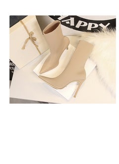 اشتري European And American Simple Women's Boots Slim Heel Pedicure Thin Pointed Lycra Elastic Ankle Boots Beige في الامارات