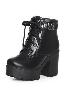 Buy Women's Chunky Heels Lace Up Ankle Boots Round Toe High Heeled Short Booties Black in Saudi Arabia