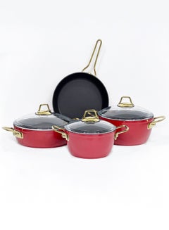 Buy 7 Piece Titanium Cookware Set 20 Cm Deep Pot, 24 Cm Deep Pot, 26 Cm Low Pot, 26 Cm Frypan Red Color in UAE