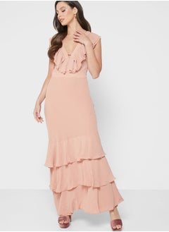 Buy Plunge Neck Ruffle Detail Dress in UAE