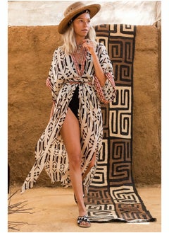 Buy Women's Summer Fashion Printed Print Kimono Casual Open Front Cover up Long Cardigan Loose Beach Swimsuit Cover up in Saudi Arabia