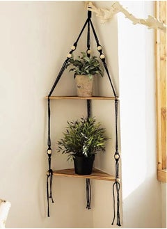 Buy 1-Piece Wooden Hanging Storage Rack Minimalist Double Layer Woven Storage Rack Black/Brown 95x32.5 cm in UAE