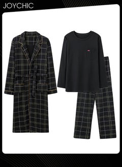 Buy 3-piece Classic Solid Pattern Pajamas for Men Autumn and Winter Casual Pure Cotton Long-sleeved Pullover Sleepwear+Sleep Robe+Trouser Suit Windproof Warm Youth Bedroom Loungewear Black in UAE