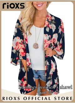 Buy Women Casual Floral Print Beach Cover Ups Short Sleeve Kimono Cardigan Loose Beach Swimsuit Dress in UAE