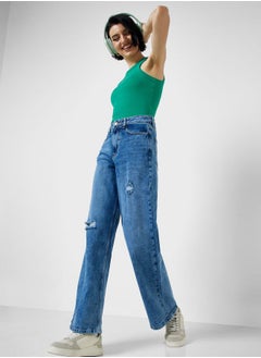 Buy Mid Wash Distressed Wide Leg Jeans in Saudi Arabia